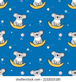 Seamless Childish Pattern with Cartoon Koala Bear Design on Blue Background with Stars