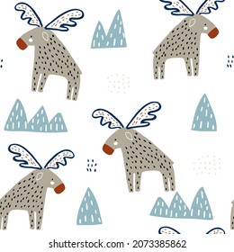 Seamless childish pattern with cartoon moose and ice mountains. Creative nordic texture. Vector illustration