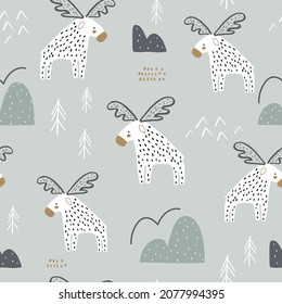 Seamless childish pattern with cartoon moose and hand drawn shapes. Creative nordic texture. Vector illustration