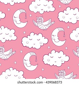 Seamless childish pattern with cartoon owl, fluffy cloud with face, sleeping moon, smiling star. For textile, fabric, bedroom interiors: wallpaper, pillow, blanket, pajamas. Good for restful sleep. 