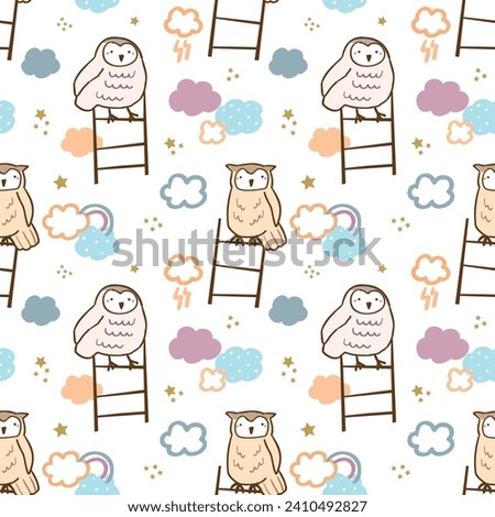 Seamless Childish Pattern with Cartoon Owl Design on White Background