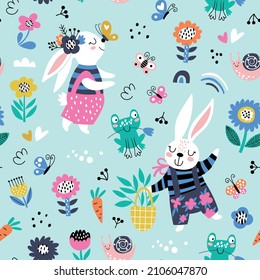 Seamless childish pattern with cartoon rabbit with flowers. Creative kids texture for fabric, wrapping, textile, wallpaper, apparel. Vector illustration