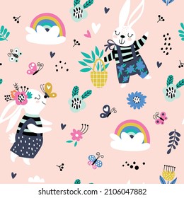 Seamless childish pattern with cartoon rabbit with flowers. Creative kids texture for fabric, wrapping, textile, wallpaper, apparel. Vector illustration