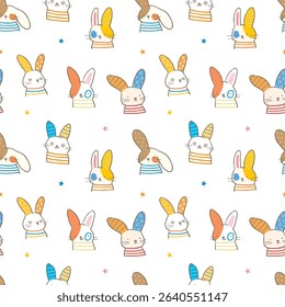 Seamless Childish Pattern of Cartoon Rabbit Design on White Background. Hand Drawn Vector Illustration. Not AI Generated.