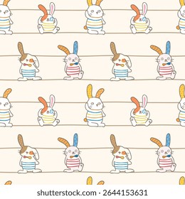 Seamless Childish Pattern of Cartoon Rabbit Design on Light Yellow Background with Lines. Hand Drawn Vector Illustration. Not AI Generated.