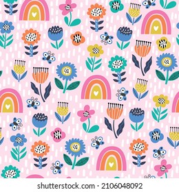 Seamless childish pattern with cartoon rainbow with flowers. Creative kids texture for fabric, wrapping, textile, wallpaper, apparel. Vector illustration