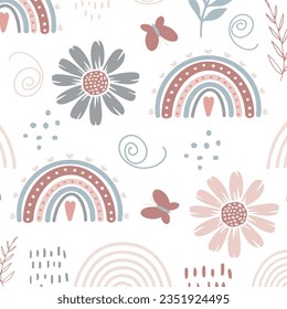 Seamless childish pattern with cartoon rainbow with flowers. Creative kids texture for fabric, wrapping, textile, wallpaper, apparel. Vector illustration