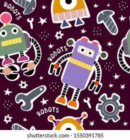 Seamless childish pattern with cartoon robots, lettering, stars, decor elements on a neutral background. vector. hand drawing. baby design for fabric, textile, print, wrapper