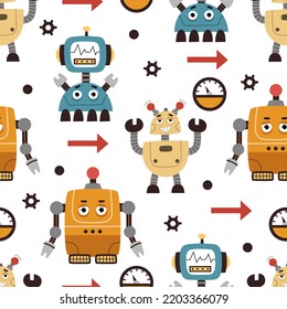 Seamless childish pattern with cartoon robots, decor elements. vector. hand drawing. baby design for fabric, textile, print, wrapper