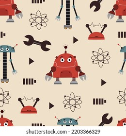 Seamless childish pattern with cartoon robots, decor elements. vector. hand drawing. baby design for fabric, textile, print, wrapper