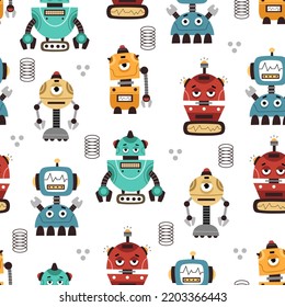 Seamless childish pattern with cartoon robots, decor elements. vector. hand drawing. baby design for fabric, textile, print, wrapper