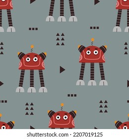 Seamless childish pattern with cartoon robots, decor elements. vector. hand drawing. baby design for fabric, textile, print, wrapper