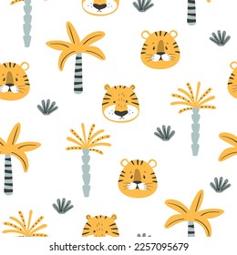 Seamless childish pattern with cartoon tiger and palm trees. Baby safari print