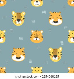 Seamless childish pattern with cartoon tigers. Vector animal illustration, baby print