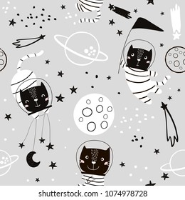 Patrón infantil impecable con astonautas de gato en la fase. En el moderno estilo blanco y negro. Textura creativa para niños escandinavos para tela, envoltura, textil, papel pintado, vestimenta. Ilustración del vector