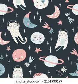Seamless childish pattern with cat astronauts in space. Trendy colorful Scandinavian style. Creative scandinavian baby texture for fabric, wrapping, textile, wallpaper, clothes. Vector illustration