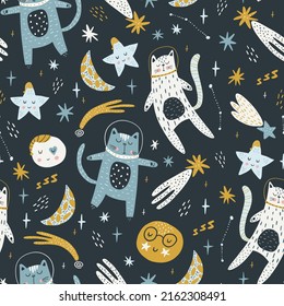 Seamless childish pattern with cat astronauts in space. Trendy colorful Scandinavian style. Creative scandinavian baby texture for fabric, wrapping, textile, wallpaper, clothes. Vector illustration