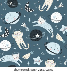 Seamless childish pattern with cat astronauts in space. Trendy colorful Scandinavian style. Creative scandinavian baby texture for fabric, wrapping, textile, wallpaper, clothes. Vector illustration