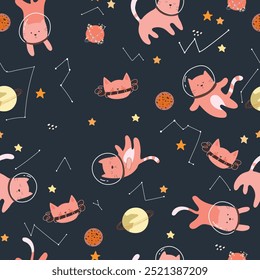 Seamless childish pattern with cat astronauts in space. Trendy colorful Scandinavian style. Creative scandinavian baby texture for fabric, wrapping, textile, wallpaper, clothes. Vector illustration