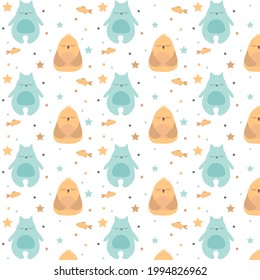 Seamless childish pattern with cat and bird, fish, stars. Creative kids texture for fabric, wrapping, textile, wallpaper, apparel. Vector illustration