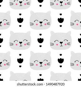 Seamless childish pattern with cat. Design for fabric, wrapping, textile, wallpaper, apparel. Vector illustration.