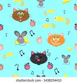 Seamless childish pattern with cat and mouse faces. Creative background. Perfect for kids design, fabric, wrapping, textile, apparel