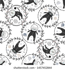 Seamless childish pattern with cat in the space, space ships, planets and comets. Design for fabric, wrapping, textile, wallpaper, apparel. Vector illustration.