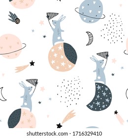 Motif harmonieux d'enfant avec des étoiles attrayantes personnages de lapins, planètes, lune, étoiles. Illustration vectorielle