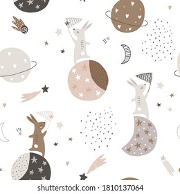 Seamless childish pattern with catching stars cute bunnies characters, planets, moon, stars. Vector illustration