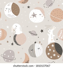 Seamless childish pattern with catching stars cute bunnies characters, planets, moon, stars. Vector illustration