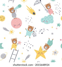 Patrón infantil sin foco con estrellas atractivas osos lindos, planetas, nubes, luna y estrellas. Textura infantil creativa para tela, envoltura, textil, papel pintado, vestimenta. Ilustración del vector