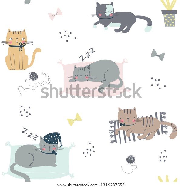 Seamless childish pattern with cats. Cartoon vector\
illustration use for textile, print, surface design, fashion kids\
wear