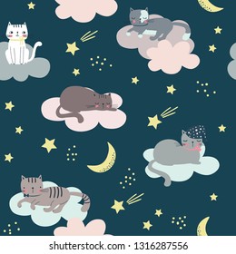 Seamless childish pattern with cats, clouds, moon and stars. Cartoon vector illustration use for textile, print, surface design, fashion kids wear