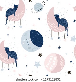Seamless childish pattern and cats moons   starry sky  Creative kids texture for fabric  wrapping  textile  wallpaper  apparel  Vector illustration