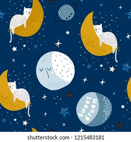 Seamless childish pattern with cats on moons and starry sky. Creative kids texture for fabric, wrapping, textile, wallpaper, apparel. Vector illustration