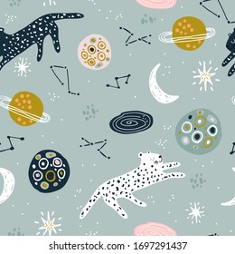 Seamless childish pattern with cheetah in cosmos. Creative kids abstract space texture for fabric, wrapping, textile, wallpaper, apparel. Vector illustration