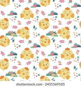 Seamless childish pattern with chicks. Farm pattern with cute animals, and flora. Perfect for kids design, fabric, greeting card design, baby shower , clipart, textile, children room decoration.