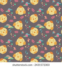 Seamless childish pattern with chicks. Farm pattern with cute animals, and flora. Brown background. Perfect for kids design, fabric, greeting card design, baby shower, post card, textile, wallpaper.