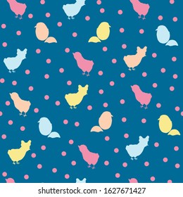 Seamless childish pattern with chicks silhouettes. Easter festive background with horizontal garland. Design for postcards, fabrics, wallpapers, prints, prints, decoupage. Vector stock illustration.
