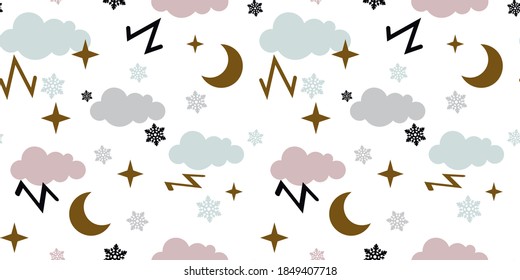 
Patrón infantil sin foco con nubes, luna y estrellas. Textura de bebé escandinava creativa para tela, embalaje, textil, papel pintado, ropa. Ilustración del vector