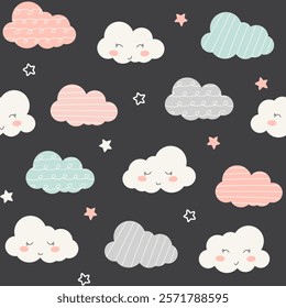 Seamless childish pattern with clouds and stars. Night sky dream sleep pattern. Vector illustration.  Cute baby design for fabric textile wallpaper background. 