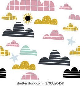 Seamless childish pattern with clouds.Hand drawn texture for fabric, wrapping paper, nursery textile, wallpaper. Vector illustration