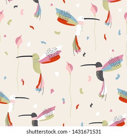 Seamless childish pattern with collibri and abstract shapes. Creative scandinavian style kids texture for fabric, wrapping, textile, wallpaper, apparel. Vector illustration