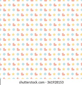 Seamless childish pattern with colored ducks, stars and circles on white background. Vector background for postcards, wallpaper, textiles, bed linen, tissue 1.1
