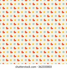 Seamless childish pattern with colored ducks, stars and circles on colored background. Vector background for postcards, wallpaper, textiles, bed linen, tissue 1.1