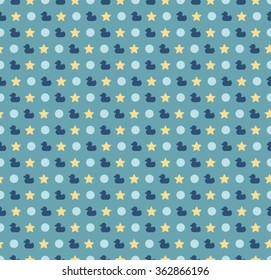 Seamless childish pattern with colored ducks, stars and circles on blue background. Vector background for postcards, wallpaper, textiles, bed linen, tissue 1.1