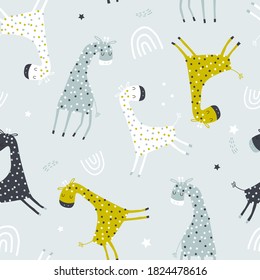 Seamless childish pattern with colorful giraffes on light blue. Perfect for fabric,textile. Creative Vector background