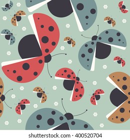 Seamless childish pattern with colorful ladybugs can be used for textile, linen, tile, kids cloth, pattern fills and more creative designs. 