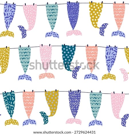Seamless childish pattern with colorful mermaid tails. Vector background texture
