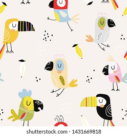 Seamless childish pattern with colorful parrots and toucans. Creative scandinavian style kids texture for fabric, wrapping, textile, wallpaper, apparel. Vector illustration